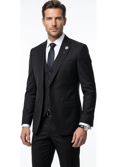 Erkek Klasik Slim Fit Takım Elbise Notch Yaka, Yaka Punto Dikişli, Tek Düğmeli, Çift Yırtmaçlı Siyah