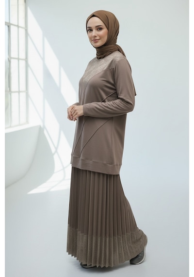 Ece Giyim Kadın Jakar Detaylı Altı Bantlı Etek Beli Lastikli Pliseli Etekli Takım Vizon