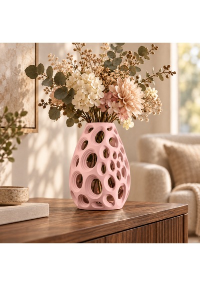 Dekoratif Vazo 20 Cm Oval Delikli Modern Tasarım Kuru Ve Yapay Çiçek Vazosu Pembe