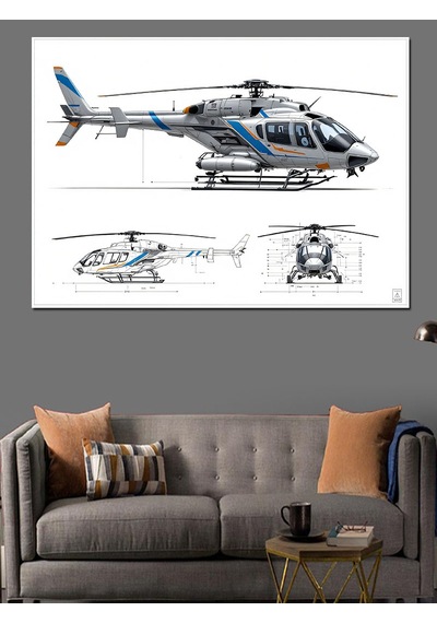 Mühendislik Çizimli Helikopter Dekoratif Kanvas - Mdf Ahşap Tablo