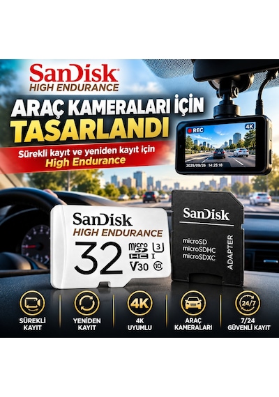 Sandisk High Endurance 32 Gb Microsdhc Hafıza Kartı + Sd Adaptör 100 Mb/s, U3 V30 Class 10, 4k Ful