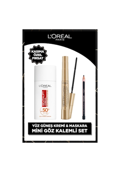 L'Oréal Paris Revitalift Clinical Günlük Yüz Güneş Kremi SPF50+ 50 ML + Telescopic Gold Mascara + Paradise Mini Liner