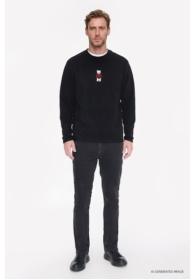 Ac&Co / Altınyıldız Classics Erkek Sıyah Anti-pilling Tüylenme Yapmayan Standart Fit Bisiklet Yaka Nakışlı Sweatshirt Polar Siyah
