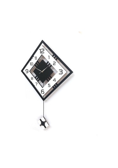 Dörtgen Geometrik Tasarım 50 Cm Modern Ahşap Sarkaçlı Duvar Saati Siyah Beyaz