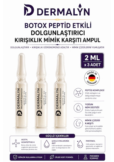 Dermalyn 3 Adet Peptid Etkili Dolgunlaştırıcı Kırışıklık Mimik Karşıtı Ampul Serum Dermaroller Dermapen