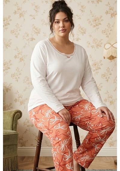 Siyah İnci Büyük Beden Battal Boy Viskon Örme Pijama Takım 26224854 Ekru