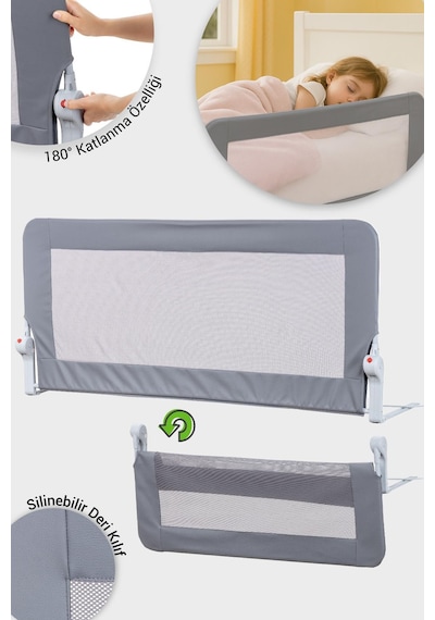 Premium 120x65 Cm Deri Kılıflı Yatak Bariyeri, Katlanır Yatak Korkuluğu, Gri