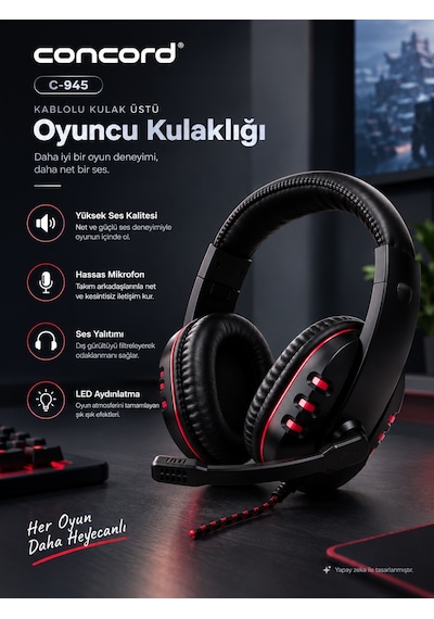 Concord C-945 Kablolu Kulak Üstü Oyuncu Kulaklığı Usb Led Aydınlatmalı Mikrofonlu Gaming Kulaklık