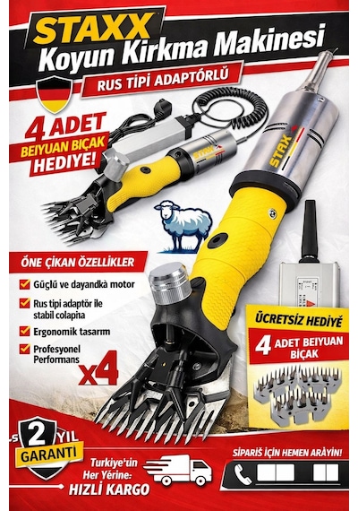 Staxx Rsky5000 Rus Tipi Adaptörlü Keçi Köpek Koyun Kırkma Isınmaz Motor Koyun Kırpma Makinesi 5000w