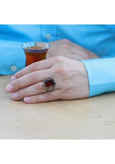 Faset Kırmızı Zirkon Taşlı Kral Tacı Tasarım 925 Ayar Gümüş Erkek Yüzük