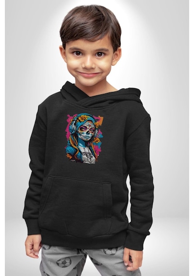 Kulaklık Müzik Dinleyen Kız Kadın Erkek Siyah Kapüşonlu Sweatshirt Hoodie Siyah