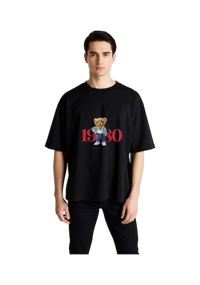 Paybuy Erkek Oversize Tişört %100 Pamuk Retro Grafik Baskılı Ayı Desenli Siyah