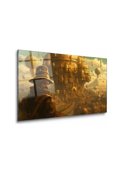 Steampunk Şehre Bakan Yolcu Çerçevesiz Cam Tablo