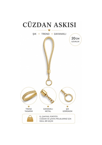 Vollen Yarn Cüzdan Askısı 20 Cm El Askılığı Bilek Askısı Metal Halkalı Cüzdan Ve Çanta Aksesuarı Altın