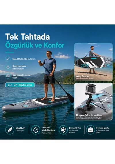 Npo Aqua Gray 350x84x15cm Şişme Military Sup Paddle Board 196kg Kürek Pompa Çanta Koltuklu Full Set