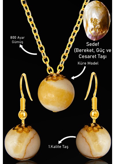 Sertifikalı Gold Küre Model Sedef Taşı Kolye Ve Küpe Seti - Gümüş Çok Renkli