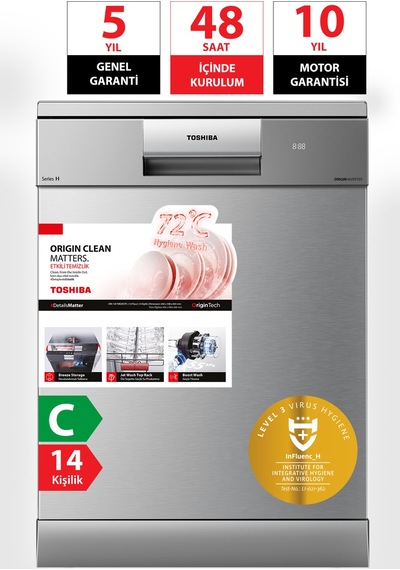 Toshiba DW-14F6ME SS TR Uv Hijyen Ve Breez Dry Kurutma 8 Programlı Bulaşık Makinesi Inox