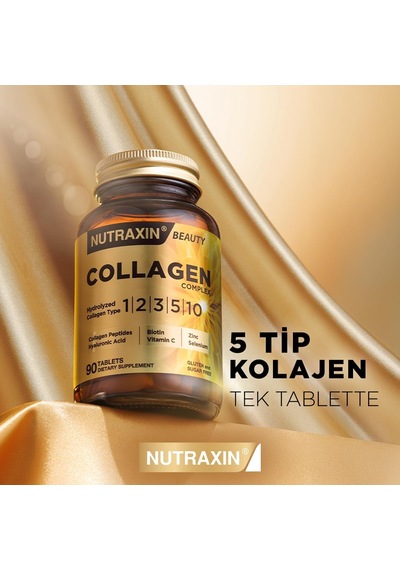 Collagen Complex Tablet 5 Tip Kolajen Tip I, Iı, Iıı, V, X + Hyalüronik Asit, Elastin, C Vitamini Cilt, Saç Ve Tırnak Desteği Şeker Ve Gluten İçermez 90 Tablet 2 Paketi