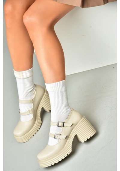 Fox Shoes R996055009 Bej Kalın Topuklu Kadın Ayakkabı Bej