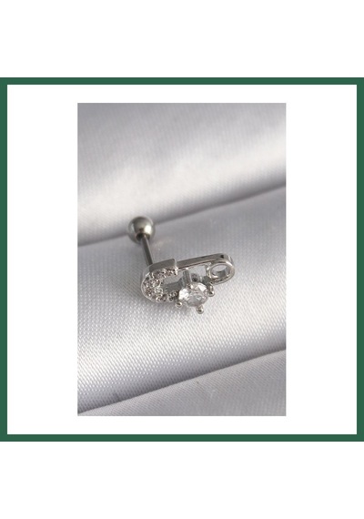 Bezos 316l Çelik Gümüş Renk Zirkon Taşlı Toplu İğne Tragus Piercing Bzs01