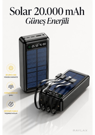 Solar 20.000 Mah Güneş Enerjili Led Işıklı Powerbank Şarj Aleti 2x Usb Çıkışlı Mikro Tycp Siyah