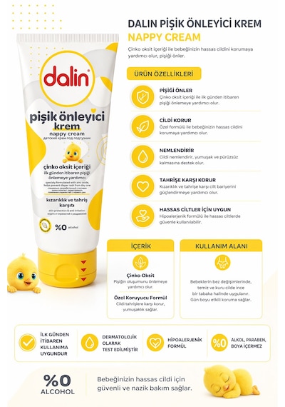 Dalin Pişik Önleyici Krem 100 Ml Çinko Oksit İçerikli, Hassas Ciltler İçin Koruyucu Bebek Pişik Kremi