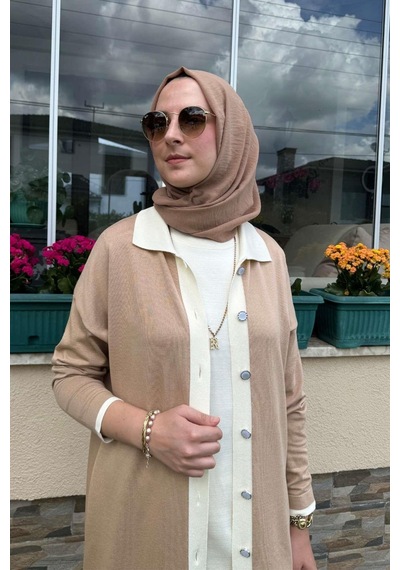 Rabia Şamlı İmge Çizgili Triko Hırka Bej Çok Renkli