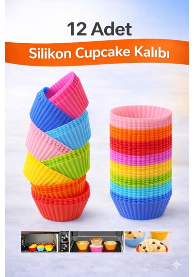 Silikon Mini Kek Kalıbı, Cupcake Kalıbı, Tekrar Kullanılabilir, Yapışmaz-12 Adet Çok Renkli - 904904318 Çok Renkli