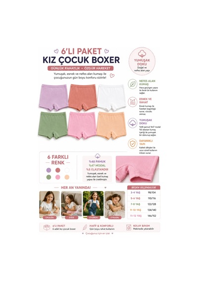 Westicgiyim Kız Çocuk Boxer 6 Lı Paket Fitilli Modal %48 Pamuk %47 Modal Esnek Yumuşak Çocuk İç Çamaşırı 3-12 Yaş Çok Renkli