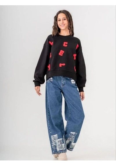 Kız Çocuk Mevsimlik Harf Aplikeli 3 İplik Sweatshirt-14771 Siyah