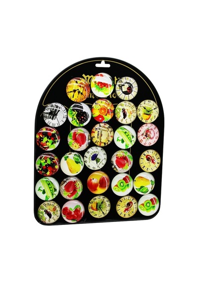 Magnetic Memo Holder Baysa-1579 Magnet Yuvarlak Cam 4cm Resimli Metal Standlı Mıknatıslı Dolap Süsü - 28'li Paket Diğer