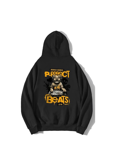 Brz Collection Unisex Oversize Purrfect Beats Hoodie Siyah
