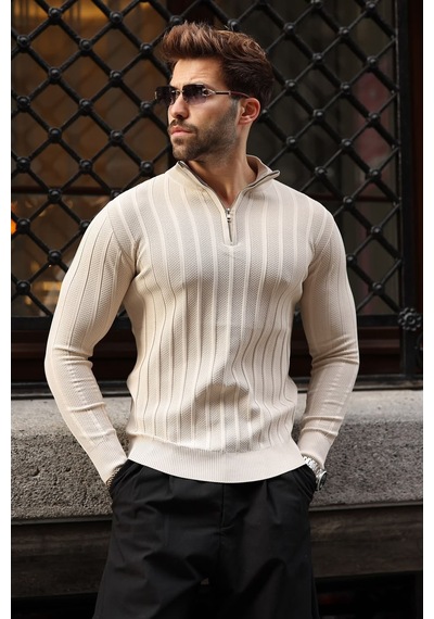 Madmext Taş Rengi Slim Fit Hakim Yaka Fermuarlı Erkek Triko Kazak E7518