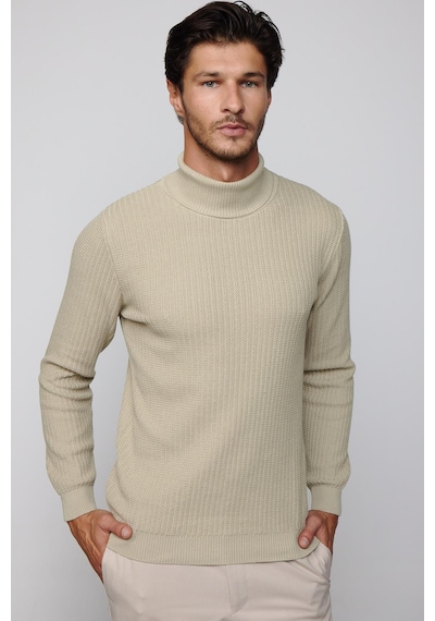 Tudors Slim Fit Tam Boğazlı Tüylenme Yapmayan Taş Rengi Erkek Kazak-29515 Taş - Ekru