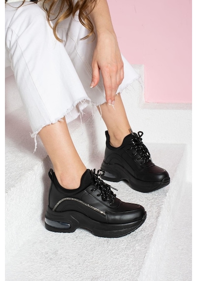 Shoetek Mariangeles Kadın Sneakers Bağcıklı Taşlı Spor Ayakkabı Siyah Deri Siyah