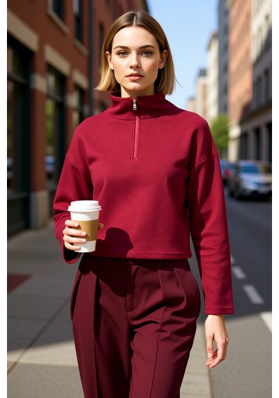 Benerly Kadın Dik Yaka Düşük Kol Fermuarlı Regular Kalıp Örme Sweatshirt Bordo
