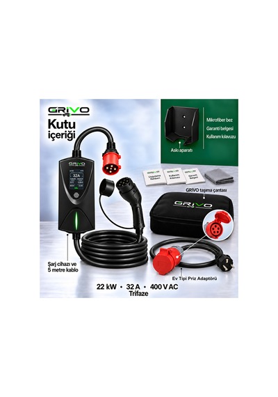 22 Kw 32a Taşınabilir Elektrikli Araç Şarj Cihazı Type 2 5 Metre Kablo Ip67 2 Yıl  - 938842751