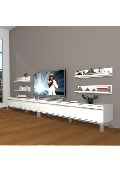Decoraktiv Eko 360r Mdf Krom Ayaklı Tv Ünitesi Tv Sehpası Parlak Beyaz