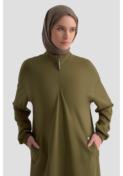 Armine Trend Yarım Fermuarlı Kolları Ribanalı Cepli Örme Tunik Yağ Yeşili 25kt461 Yağ Yeşili