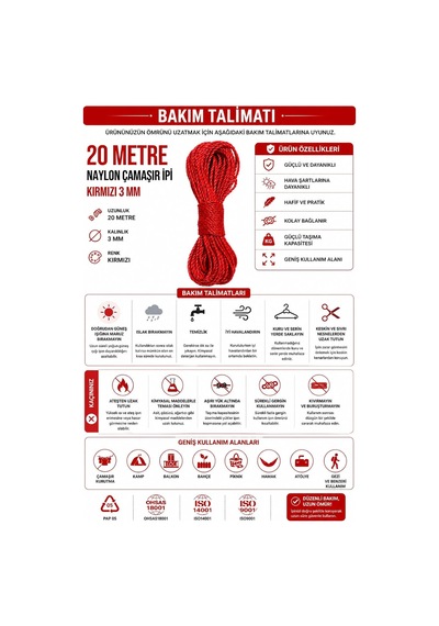 20 Metre Kırmızı Naylon İp 3 Mm, Çok Amaçlı Dayanıklı Çamaşır İpi, Kamp Bahçe Balkon Hamak Ve Taşıma Sab Çok Renkli