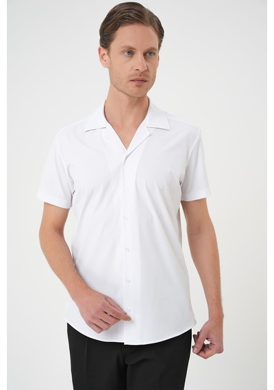 Efor Slim Fit Apaş Yaka Kısa Kol Esnek Casual Beyaz Gömlek G 1589 Beyaz