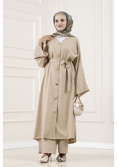Sevitli Düğmeli Davin Abaya İkili Takım-bej-5875