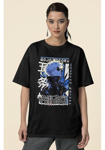 Gojo Satoru Jujutsu Kaisen Baskılı Unisex Oversize Anime Dizi Kar SIYAH