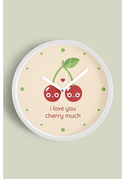 '' I Love You , Cherry Much '' Yazıllı Modern Tasarım Duvar Saati - 42cm - Önü Camlı Beyaz Kasa Beyaz
