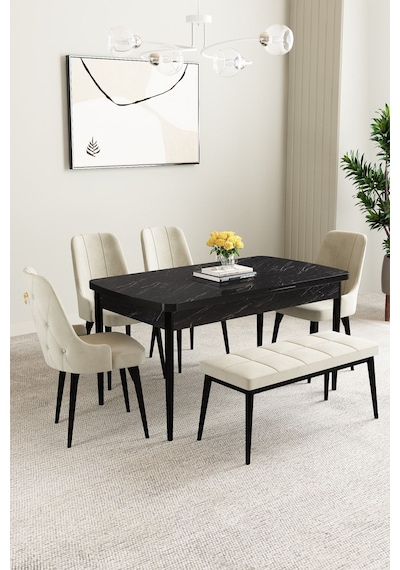 Mabel Siyah Mermer Desen 80x132 Açılabilir Yemek Odası Takımı 4 Sandalye, 1 Bench Krem Mabel Siyah Mermer Desen 80x132 Açılabilir Yemek Odası Takımı 4 Sandalye, 1 Bench Krem