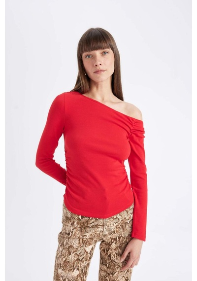 Defacto Kırmızı Slim Fit Dar Kesim Tek Omuzlu Ribana Basic Düz Uzun Kollu Tişört D4970AX24AURD117 Kırmızı