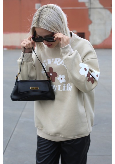 Bej Bisiklet Yaka Baskılı Sweatshirt Mg1572
