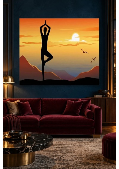 Fida Turuncu Gün Batımında Yoga Silueti Canvas Tablo Çok Renkli