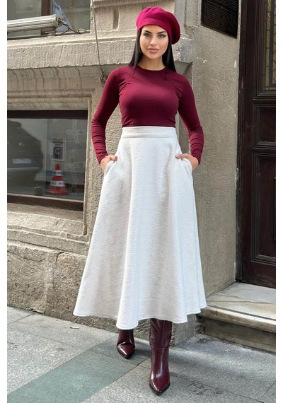 WeShaya Ekru Yüksek Bel, Cepli, Kiloş Kesim, Kırçıllı Kaşe Uzun Etek Ekru