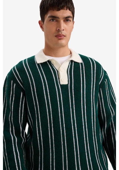 Defacto Relax Fit Polo Yaka Çizgili Triko Kazak E8400ax25wngn919 Yeşil-gn919